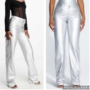 Naked Wardrobe Faux Leather Croc Straight Leg Pants Silver L